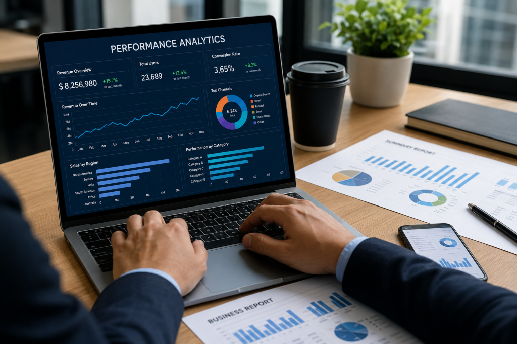 Corporate workspace with performance analytics dashboard
