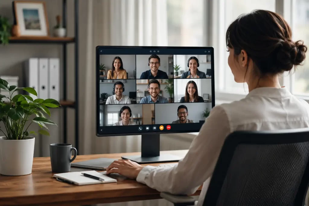 Modern home office with video conference
