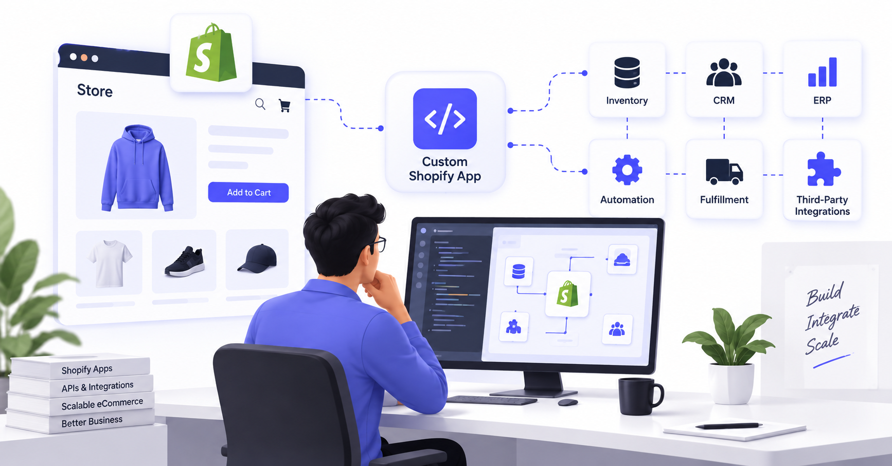 Developer planning a custom Shopify app connected to ecommerce business systems