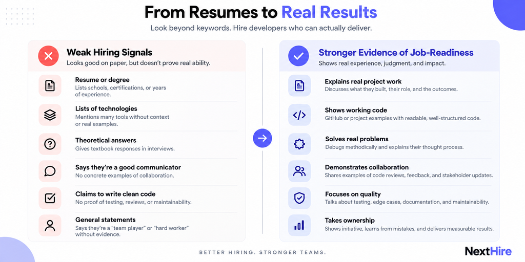 Comparison of weak hiring signals and stronger evidence of developer job readiness