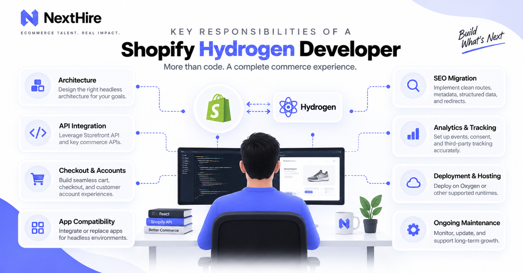 Responsibilities of a Shopify Hydrogen developer across architecture, APIs, SEO, analytics, and deployment