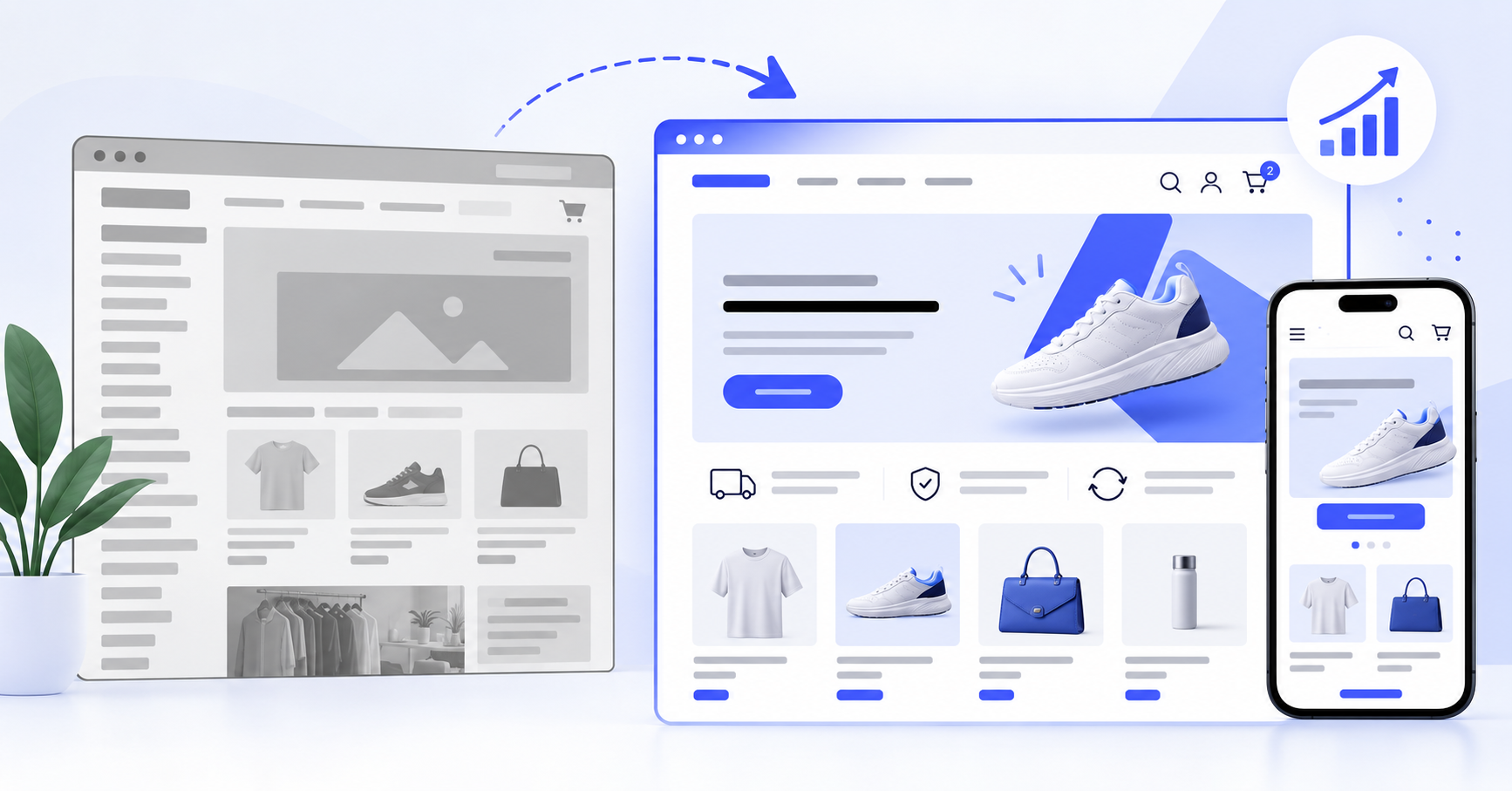 Shopify storefront changing from a cluttered old design to a cleaner modern ecommerce layout