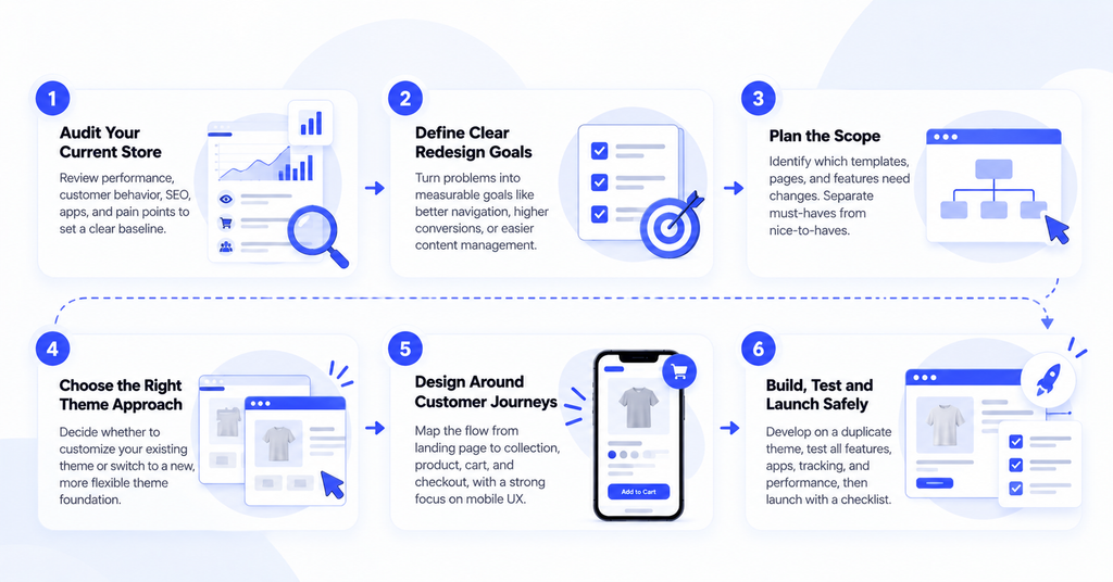 Six-stage process for planning and building a Shopify store redesign