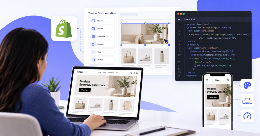 Shopify store owner reviewing theme customization with a developer