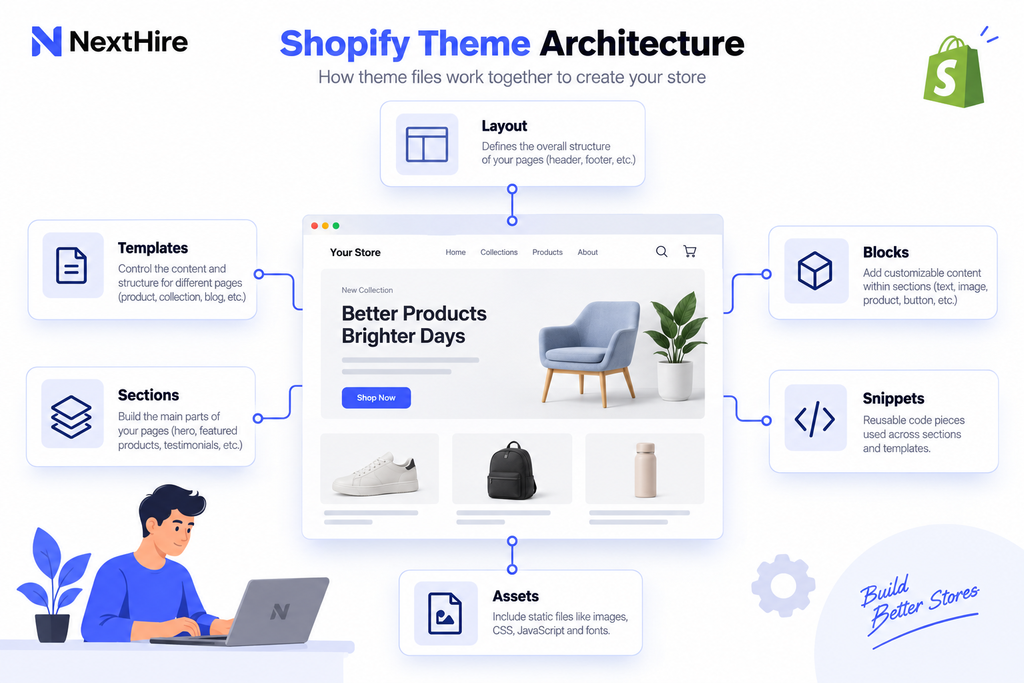 Diagram of Shopify theme architecture with templates sections blocks and snippets