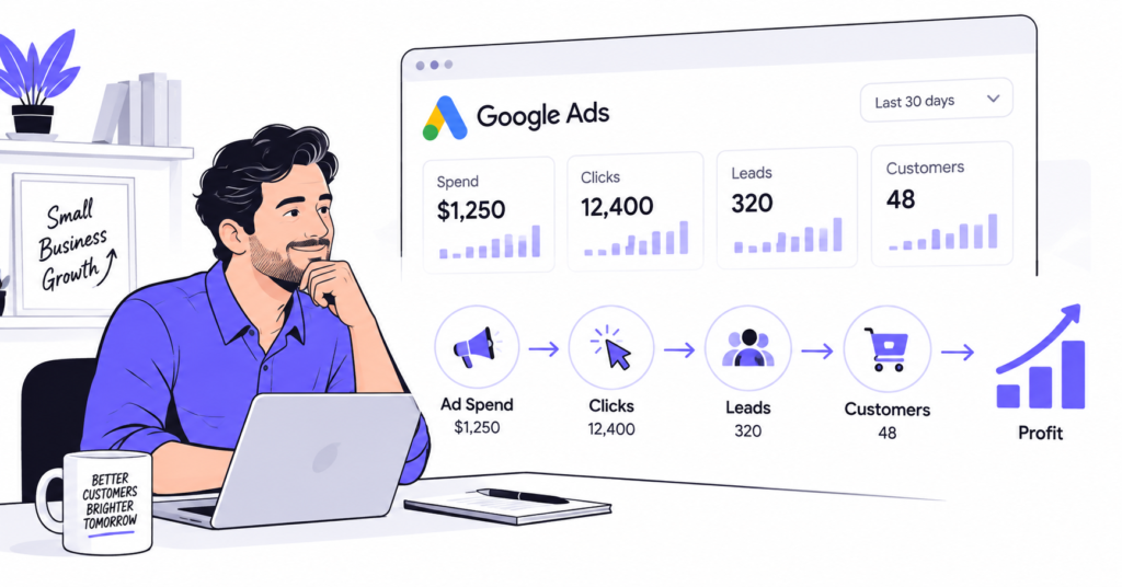 Small business owner comparing Google Ads spend with leads and profit