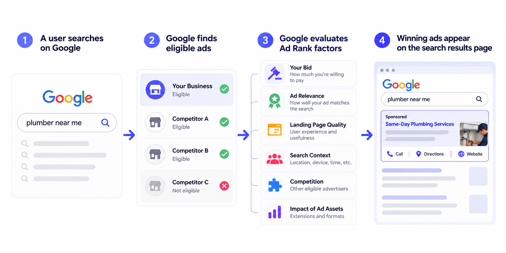 Diagram showing how the Google Ads auction selects and ranks eligible ads
