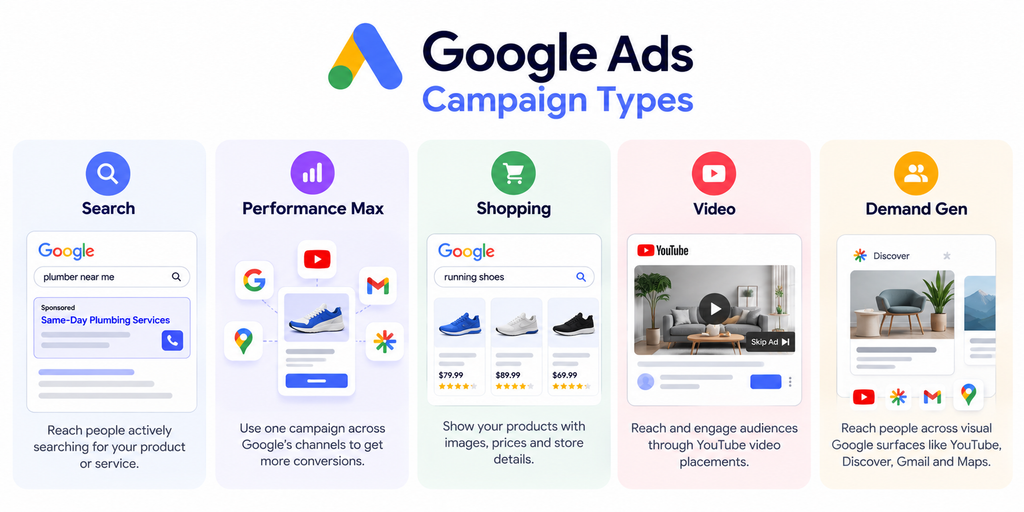 Comparison of five Google Ads campaign types and their primary business uses