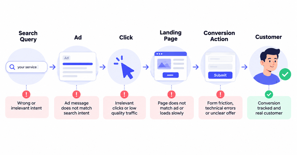 Google Ads diagnostic funnel from search query to customer