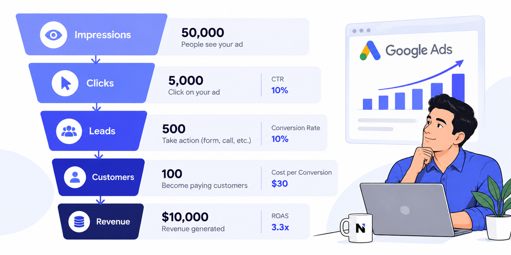 Google Ads measurement funnel from impressions and clicks to customers and revenue