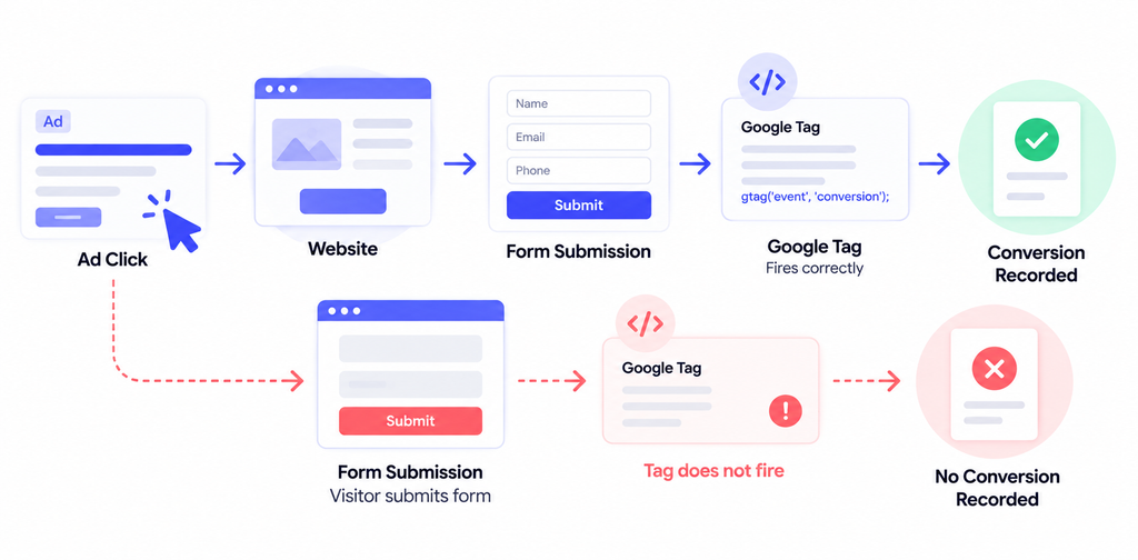 Conversion tracking flow showing where a Google Ads tag can fail