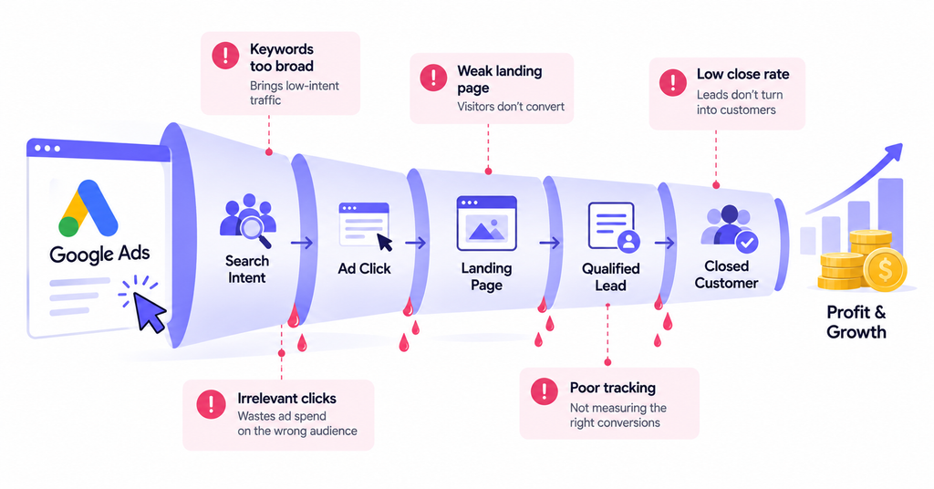 Google Ads funnel showing where small businesses lose money between clicks and customers
