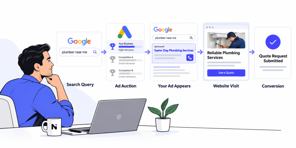 Business owner viewing a simple Google Ads process from search to conversion